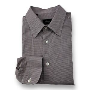 Brioni Current Long Sleeve Button-Up Shirt Burgundy White Puppytooth Size Large